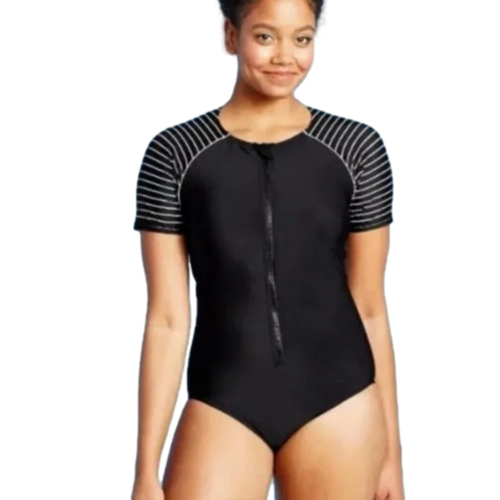 WOMEN'S Short Sleeve One Piece Rashguard - All in Motion™ Black & White Stripe
